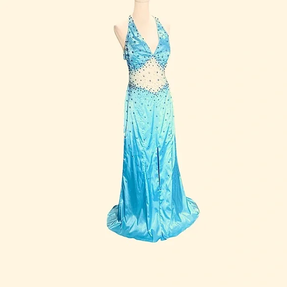 Vintage Y2K Prom Dress, Lisa Kane, Party Time, Turquoise Mesh Beaded Gown, NWT Vintage Y2K Prom Dress, Lisa Kane, Party Time, Turquoise Mesh Beaded Gown, NWT